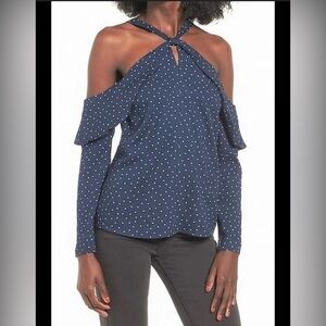 NWT WAYF SZ M Polka Dot Navy Blue Off Shoulder Blouse